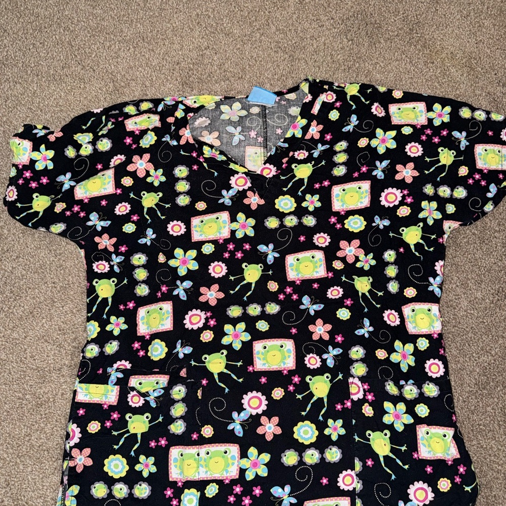 Colorful Floral and Frog Print Scrub Top